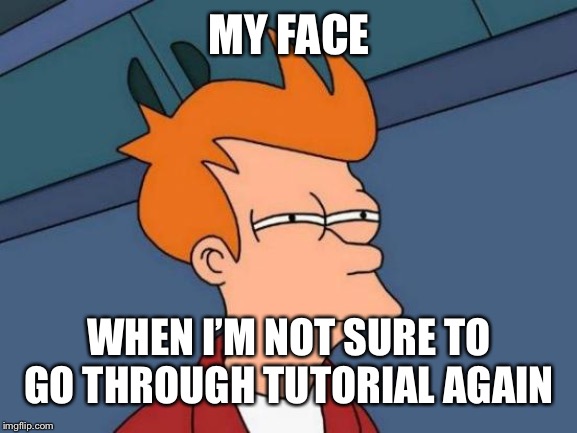 Futurama Fry | MY FACE; WHEN I’M NOT SURE TO GO THROUGH TUTORIAL AGAIN | image tagged in memes,futurama fry | made w/ Imgflip meme maker