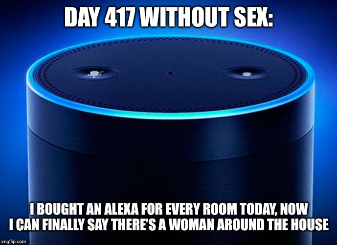 Alexa | DAY 417 WITHOUT SEX:; I BOUGHT AN ALEXA FOR EVERY ROOM TODAY, NOW I CAN FINALLY SAY THERE’S A WOMAN AROUND THE HOUSE | image tagged in alexa,memes,funny,jokes | made w/ Imgflip meme maker
