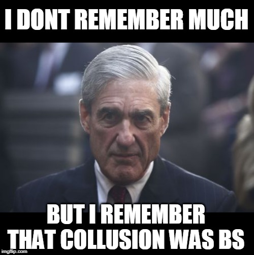 Mueller  | I DONT REMEMBER MUCH BUT I REMEMBER THAT COLLUSION WAS BS | image tagged in mueller | made w/ Imgflip meme maker