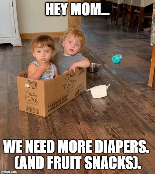 HEY MOM... WE NEED MORE DIAPERS. 
(AND FRUIT SNACKS). | image tagged in babies,twins | made w/ Imgflip meme maker