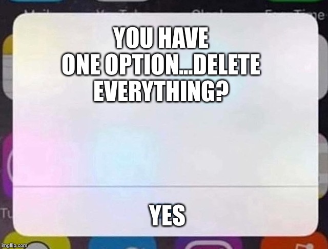 iPhone Notification | YOU HAVE ONE OPTION...DELETE EVERYTHING? YES | image tagged in iphone notification | made w/ Imgflip meme maker
