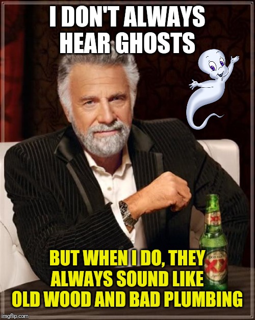 The Most Interesting Man In The World | I DON'T ALWAYS HEAR GHOSTS; BUT WHEN I DO, THEY ALWAYS SOUND LIKE OLD WOOD AND BAD PLUMBING | image tagged in memes,the most interesting man in the world | made w/ Imgflip meme maker