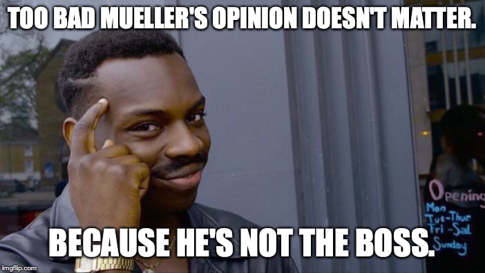 Roll Safe Think About It Meme | TOO BAD MUELLER'S OPINION DOESN'T MATTER. BECAUSE HE'S NOT THE BOSS. | image tagged in memes,roll safe think about it | made w/ Imgflip meme maker