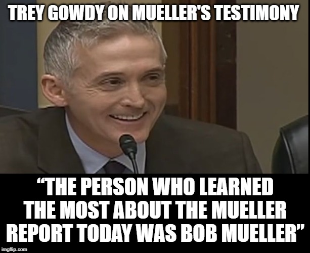 Trey Gowdy | TREY GOWDY ON MUELLER'S TESTIMONY; “THE PERSON WHO LEARNED THE MOST ABOUT THE MUELLER REPORT TODAY WAS BOB MUELLER” | image tagged in trey gowdy | made w/ Imgflip meme maker