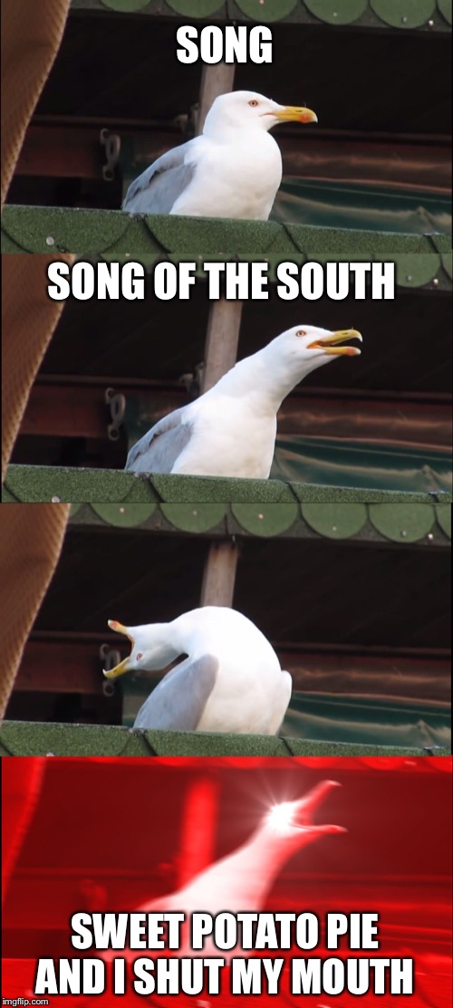 Inhaling Seagull Meme | SONG; SONG OF THE SOUTH; SWEET POTATO PIE AND I SHUT MY MOUTH | image tagged in memes,inhaling seagull | made w/ Imgflip meme maker