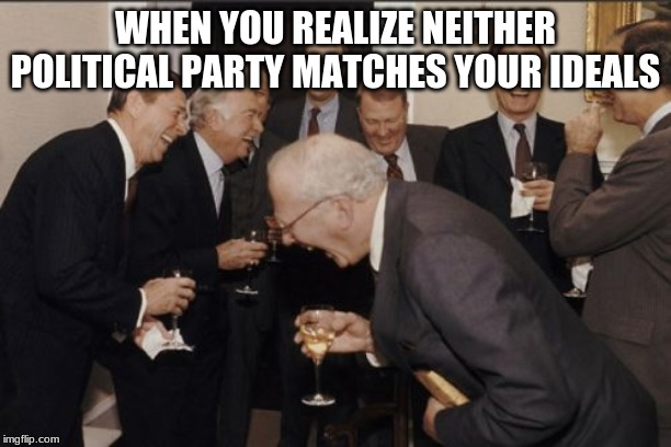 Laughing Men In Suits | WHEN YOU REALIZE NEITHER POLITICAL PARTY MATCHES YOUR IDEALS | image tagged in memes,laughing men in suits | made w/ Imgflip meme maker