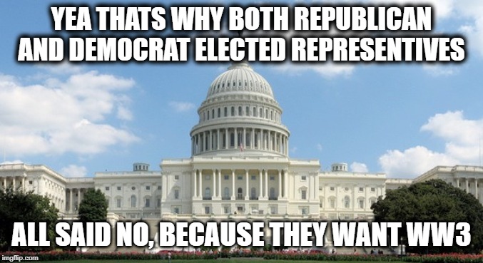 ugh congress  | YEA THATS WHY BOTH REPUBLICAN AND DEMOCRAT ELECTED REPRESENTIVES ALL SAID NO, BECAUSE THEY WANT WW3 | image tagged in ugh congress | made w/ Imgflip meme maker