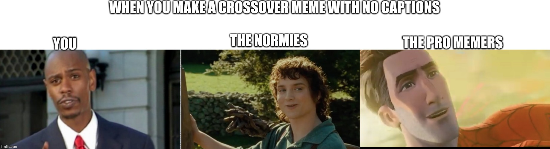 WHEN YOU MAKE A CROSSOVER MEME WITH NO CAPTIONS; THE NORMIES; YOU; THE PRO MEMERS | image tagged in not bad kid | made w/ Imgflip meme maker