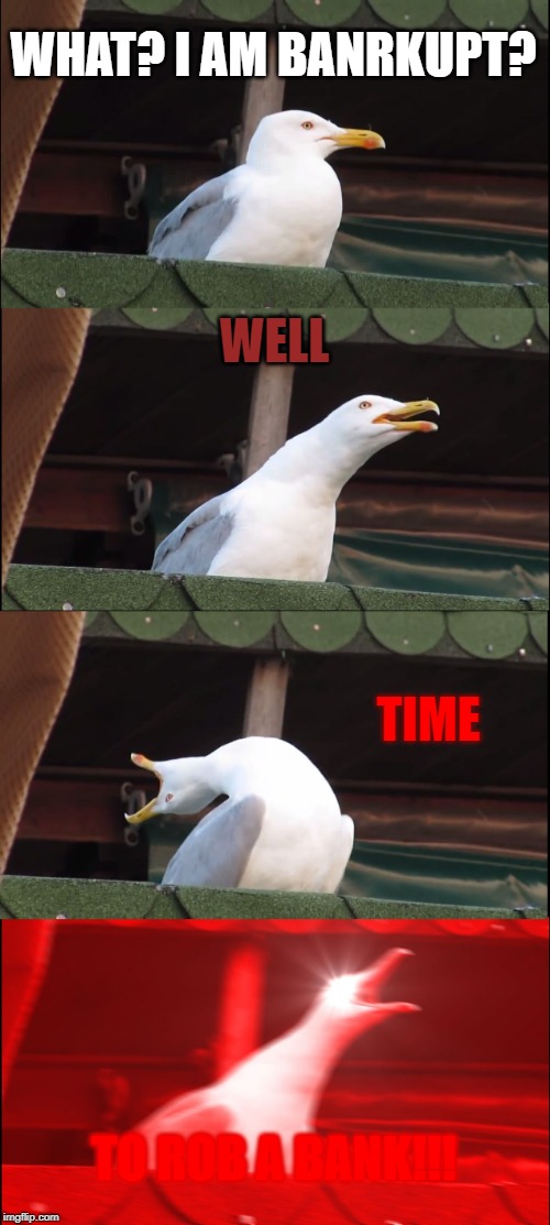 Inhaling Seagull Meme | WHAT? I AM BANRKUPT? WELL; TIME; TO ROB A BANK!!! | image tagged in memes,inhaling seagull | made w/ Imgflip meme maker