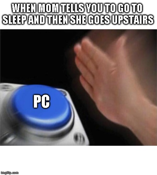 Blank Nut Button | WHEN MOM TELLS YOU TO GO TO 
SLEEP AND THEN SHE GOES UPSTAIRS; PC | image tagged in memes,blank nut button | made w/ Imgflip meme maker