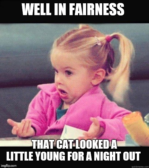 I dont know girl | WELL IN FAIRNESS THAT CAT LOOKED A LITTLE YOUNG FOR A NIGHT OUT | image tagged in i dont know girl | made w/ Imgflip meme maker