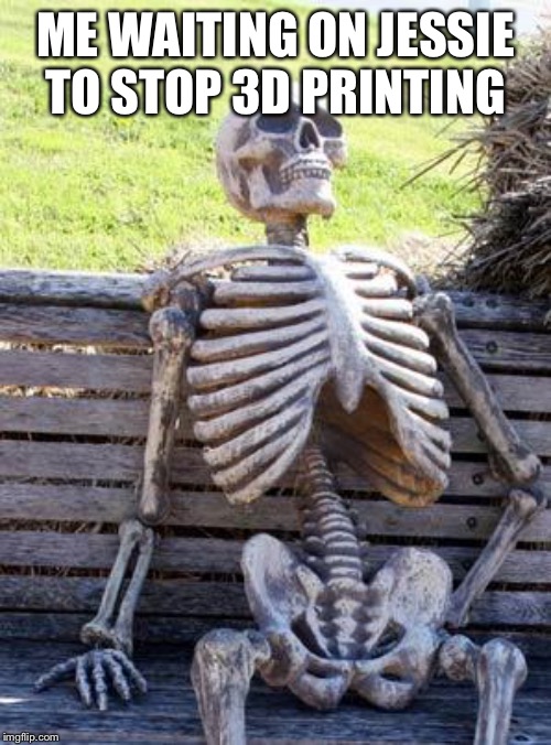 Waiting Skeleton | ME WAITING ON JESSIE TO STOP 3D PRINTING | image tagged in memes,waiting skeleton | made w/ Imgflip meme maker