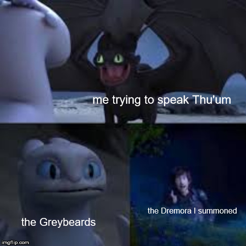HTTYD 3 | me trying to speak Thu'um; the Dremora I summoned; the Greybeards | image tagged in httyd 3 | made w/ Imgflip meme maker