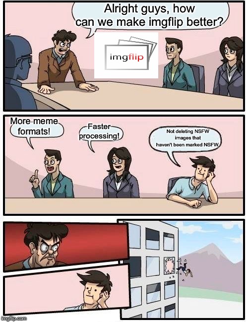 That would be great! | Alright guys, how can we make imgflip better? More meme formats! Not deleting NSFW images that haven't been marked NSFW. Faster processing! | image tagged in memes,boardroom meeting suggestion,imgflip,meme template,nsfw,window | made w/ Imgflip meme maker