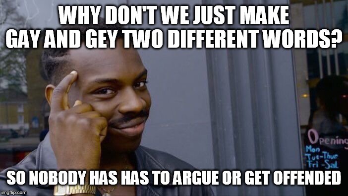 Just make gey it's own word | WHY DON'T WE JUST MAKE GAY AND GEY TWO DIFFERENT WORDS? SO NOBODY HAS HAS TO ARGUE OR GET OFFENDED | image tagged in memes,roll safe think about it,gey,idea,rid arguing | made w/ Imgflip meme maker
