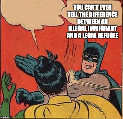 Batman Slapping Robin Meme | YOU CAN'T EVEN TELL THE DIFFERENCE BETWEEN AN ILLEGAL IMMIGRANT AND A LEGAL REFUGEE | image tagged in memes,batman slapping robin | made w/ Imgflip meme maker