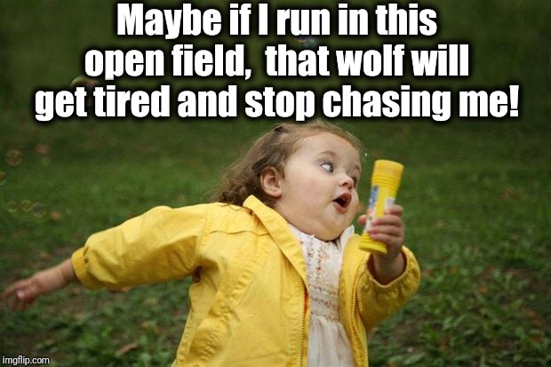 girl running | Maybe if I run in this open field,  that wolf will get tired and stop chasing me! | image tagged in girl running | made w/ Imgflip meme maker