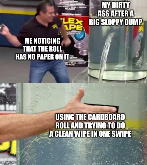 I know I’m not the only one | MY DIRTY ASS AFTER A BIG SLOPPY DUMP; ME NOTICING THAT THE ROLL HAS NO PAPER ON IT; USING THE CARDBOARD ROLL AND TRYING TO DO A CLEAN WIPE IN ONE SWIPE | image tagged in flex tape | made w/ Imgflip meme maker