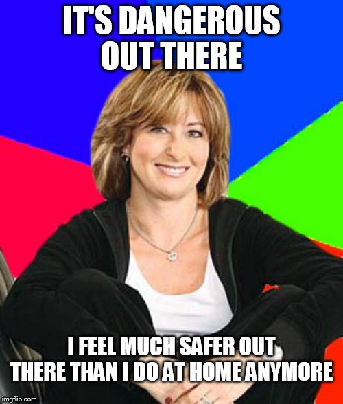 I'm the one who goes outside | IT'S DANGEROUS OUT THERE; I FEEL MUCH SAFER OUT THERE THAN I DO AT HOME ANYMORE | image tagged in memes,sheltering suburban mom,outside,irrational,parents,scumbag parents | made w/ Imgflip meme maker