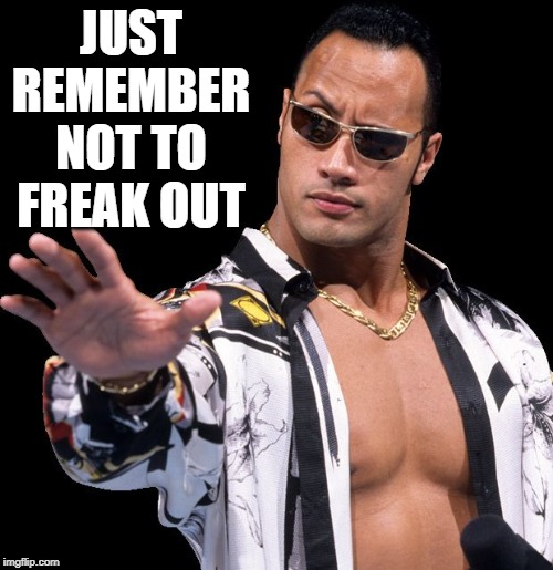 The Rock Says Keep Calm | JUST REMEMBER NOT TO FREAK OUT | image tagged in the rock says keep calm | made w/ Imgflip meme maker