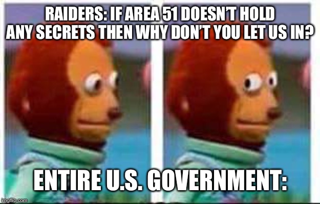 STORM AREA 51! 9/20! | RAIDERS: IF AREA 51 DOESN’T HOLD ANY SECRETS THEN WHY DON’T YOU LET US IN? ENTIRE U.S. GOVERNMENT: | image tagged in monkey puppet,storm area 51,lol,idk | made w/ Imgflip meme maker