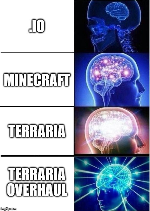 Expanding Brain | .IO; MINECRAFT; TERRARIA; TERRARIA
OVERHAUL | image tagged in memes,expanding brain | made w/ Imgflip meme maker