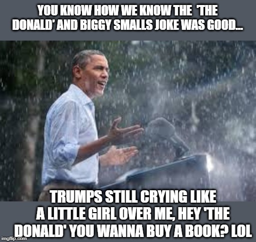 He never got over that night | YOU KNOW HOW WE KNOW THE  'THE DONALD' AND BIGGY SMALLS JOKE WAS GOOD... TRUMPS STILL CRYING LIKE A LITTLE GIRL OVER ME, HEY 'THE DONALD' YOU WANNA BUY A BOOK? LOL | image tagged in memes,obama,maga,impeach trump,politics | made w/ Imgflip meme maker