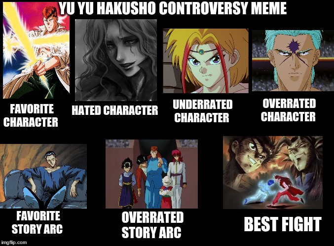 Yu Yu Hakusho Controversy | YU YU HAKUSHO CONTROVERSY MEME; UNDERRATED CHARACTER; OVERRATED CHARACTER; FAVORITE CHARACTER; HATED CHARACTER; FAVORITE STORY ARC; OVERRATED STORY ARC; BEST FIGHT | image tagged in blank black | made w/ Imgflip meme maker