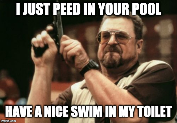 Am I The Only One Around Here Meme | I JUST PEED IN YOUR POOL; HAVE A NICE SWIM IN MY TOILET | image tagged in memes,am i the only one around here | made w/ Imgflip meme maker