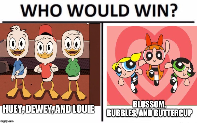 Webby and Bliss included. | HUEY, DEWEY, AND LOUIE; BLOSSOM, BUBBLES, AND BUTTERCUP | image tagged in memes,who would win,ducktales,powerpuff girls,disney,cartoon network | made w/ Imgflip meme maker