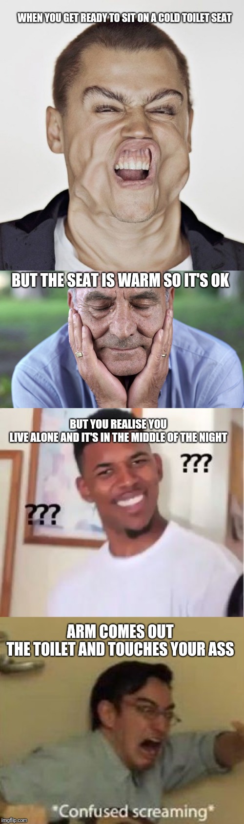 WHEN YOU GET READY TO SIT ON A COLD TOILET SEAT; BUT THE SEAT IS WARM SO IT'S OK; BUT YOU REALISE YOU LIVE ALONE AND IT'S IN THE MIDDLE OF THE NIGHT; ARM COMES OUT THE TOILET AND TOUCHES YOUR ASS | made w/ Imgflip meme maker