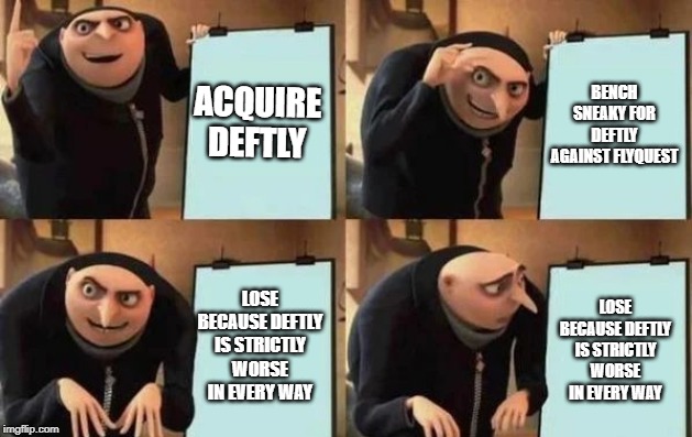 Gru's Plan Meme | ACQUIRE DEFTLY; BENCH SNEAKY FOR DEFTLY AGAINST FLYQUEST; LOSE BECAUSE DEFTLY IS STRICTLY WORSE IN EVERY WAY; LOSE BECAUSE DEFTLY IS STRICTLY WORSE IN EVERY WAY | image tagged in gru's plan | made w/ Imgflip meme maker