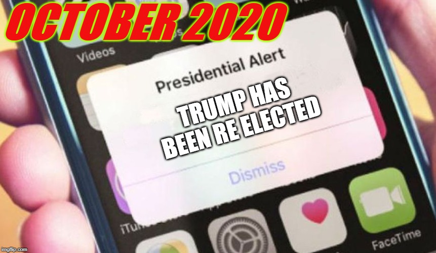 Presidential Alert | OCTOBER 2020; TRUMP HAS BEEN RE ELECTED | image tagged in memes,presidential alert | made w/ Imgflip meme maker