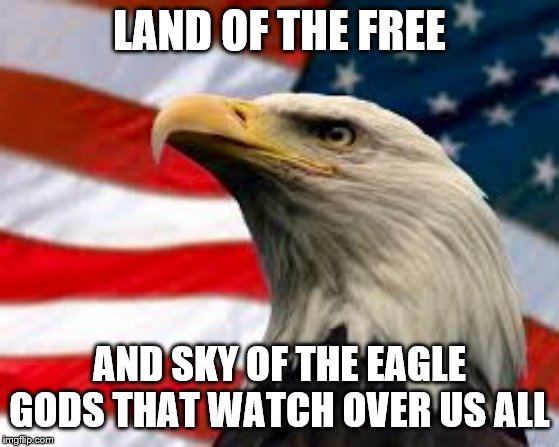 Murica Patriotic Eagle | LAND OF THE FREE AND SKY OF THE EAGLE GODS THAT WATCH OVER US ALL | image tagged in murica patriotic eagle | made w/ Imgflip meme maker