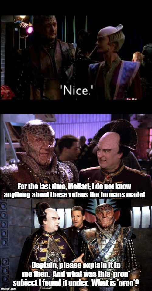 What the hidden videos on Babylon 5 computers show. | For the last time, Mollari; I do not know anything about these videos the humans made! Captain, please explain it to me then.  And what was this 'pron' subject I found it under.  What is 'pron'? | image tagged in babylon 5,drew carey | made w/ Imgflip meme maker