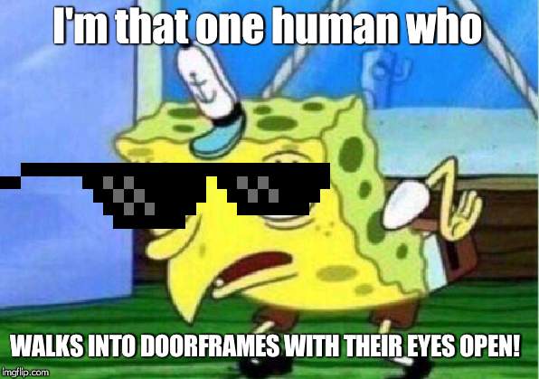 Mocking Spongebob Meme | I'm that one human who; WALKS INTO DOORFRAMES WITH THEIR EYES OPEN! | image tagged in memes,mocking spongebob | made w/ Imgflip meme maker