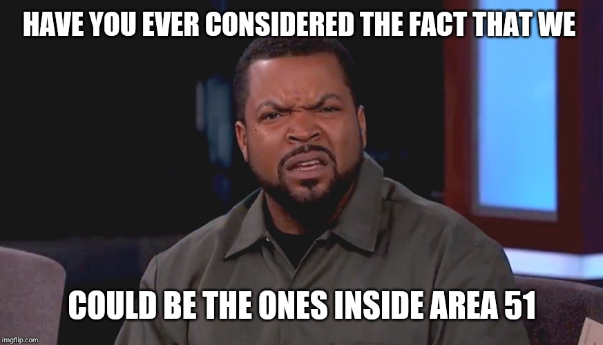 Really? Ice Cube | HAVE YOU EVER CONSIDERED THE FACT THAT WE; COULD BE THE ONES INSIDE AREA 51 | image tagged in really ice cube | made w/ Imgflip meme maker