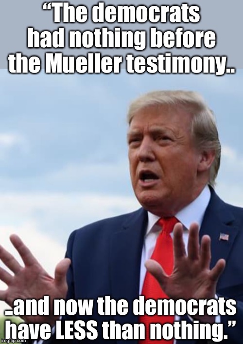 Nobody says it quite like the Donald. | “The democrats had nothing before the Mueller testimony.. ..and now the democrats have LESS than nothing.” | image tagged in maga | made w/ Imgflip meme maker