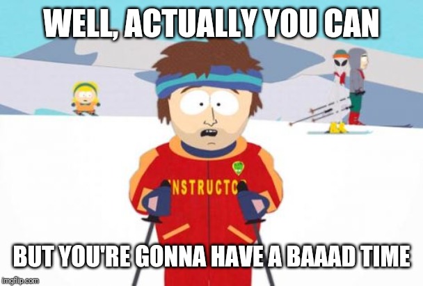 Super Cool Ski Instructor Meme | WELL, ACTUALLY YOU CAN BUT YOU'RE GONNA HAVE A BAAAD TIME | image tagged in memes,super cool ski instructor | made w/ Imgflip meme maker