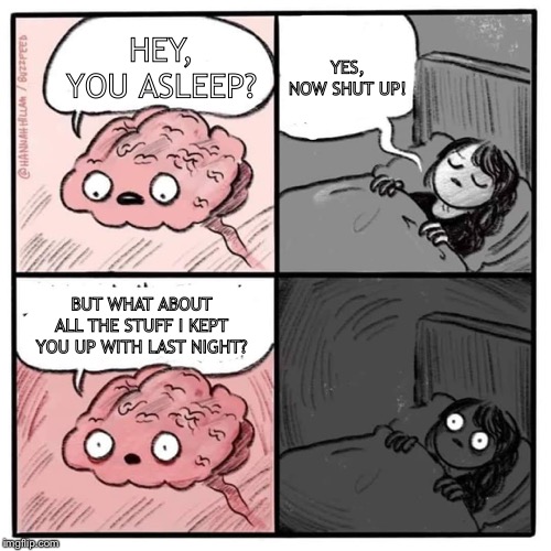 Are you sleeping brain  | YES, NOW SHUT UP! HEY, YOU ASLEEP? BUT WHAT ABOUT ALL THE STUFF I KEPT YOU UP WITH LAST NIGHT? | image tagged in are you sleeping brain | made w/ Imgflip meme maker
