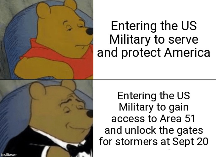 Tuxedo Winnie The Pooh | Entering the US Military to serve and protect America; Entering the US Military to gain access to Area 51 and unlock the gates for stormers at Sept 20 | image tagged in memes,tuxedo winnie the pooh | made w/ Imgflip meme maker