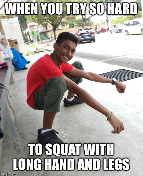 Retarted squat | WHEN YOU TRY SO HARD; TO SQUAT WITH LONG HAND AND LEGS | image tagged in retarted squat | made w/ Imgflip meme maker