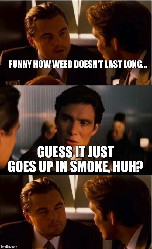 Inception | FUNNY HOW WEED DOESN'T LAST LONG... GUESS IT JUST GOES UP IN SMOKE, HUH? | image tagged in memes,inception | made w/ Imgflip meme maker