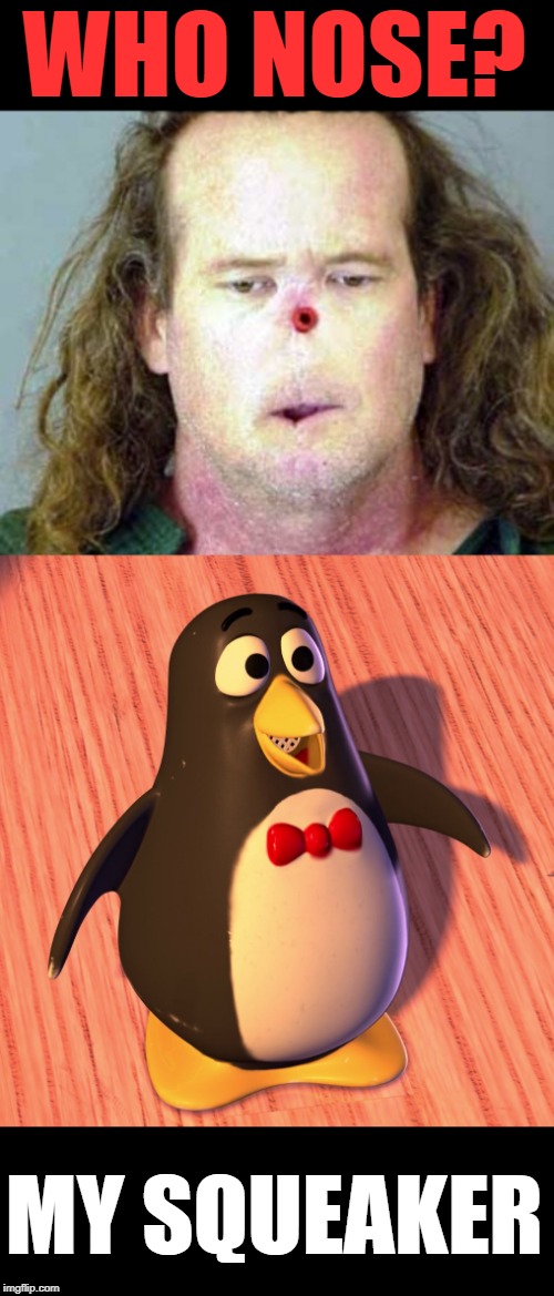 Wheezy? | WHO NOSE? MY SQUEAKER | image tagged in dark humor,lol,too dank,nose,toy story,fun | made w/ Imgflip meme maker