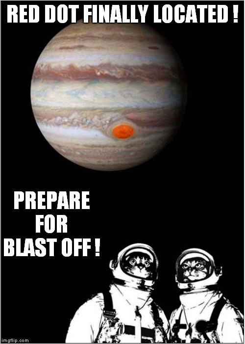 Jupiter Has Red Dot ! | RED DOT FINALLY LOCATED ! PREPARE FOR BLAST OFF ! | image tagged in fun,cats,space | made w/ Imgflip meme maker