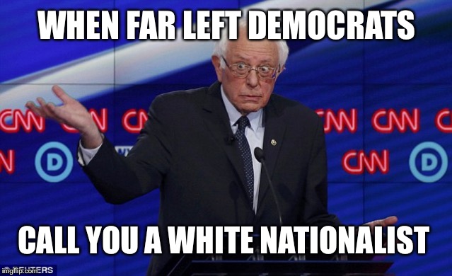 They hate us cuz they ain’t us | WHEN FAR LEFT DEMOCRATS; CALL YOU A WHITE NATIONALIST | image tagged in wat bernie | made w/ Imgflip meme maker