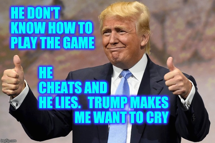 Godley And Creme Perfectly Wicked | HE DON'T KNOW HOW TO PLAY THE GAME; HE CHEATS AND HE LIES. TRUMP MAKES ME WANT TO CRY | image tagged in donald trump winning,trump unfit unqualified dangerous,obstruction of justice,lock him up,memes,80s music | made w/ Imgflip meme maker