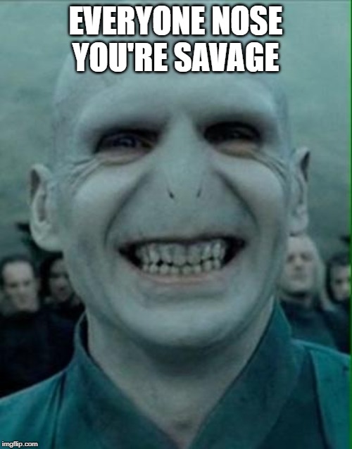 Voldemort Grin | EVERYONE NOSE YOU'RE SAVAGE | image tagged in voldemort grin | made w/ Imgflip meme maker