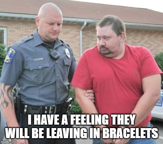 man get arrested | I HAVE A FEELING THEY WILL BE LEAVING IN BRACELETS | image tagged in man get arrested | made w/ Imgflip meme maker