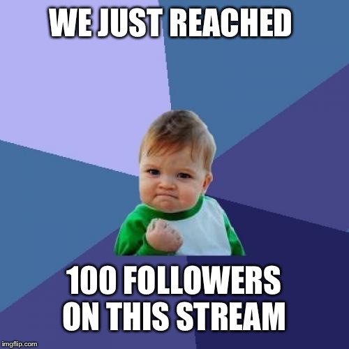 Success Kid | WE JUST REACHED; 100 FOLLOWERS ON THIS STREAM | image tagged in memes,success kid | made w/ Imgflip meme maker